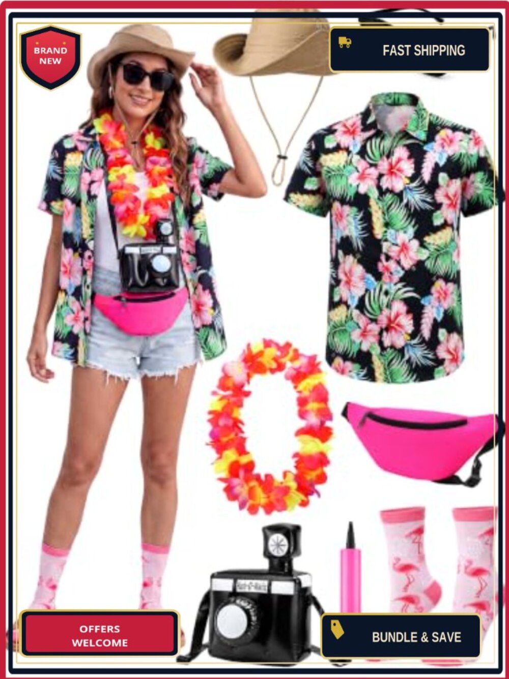 7 Pc Tacky Tourist Costume Set Hawaiian Shirt Waist Pack Sun Hat Halloween